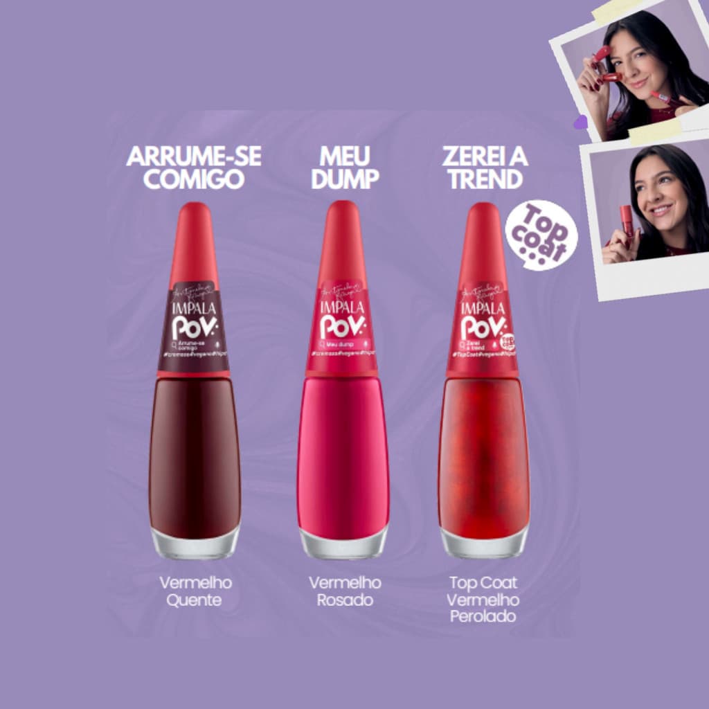 KIT 2 ESMALTES E 1 TOP COAT ANTONELA BRAGA IMPALA POV