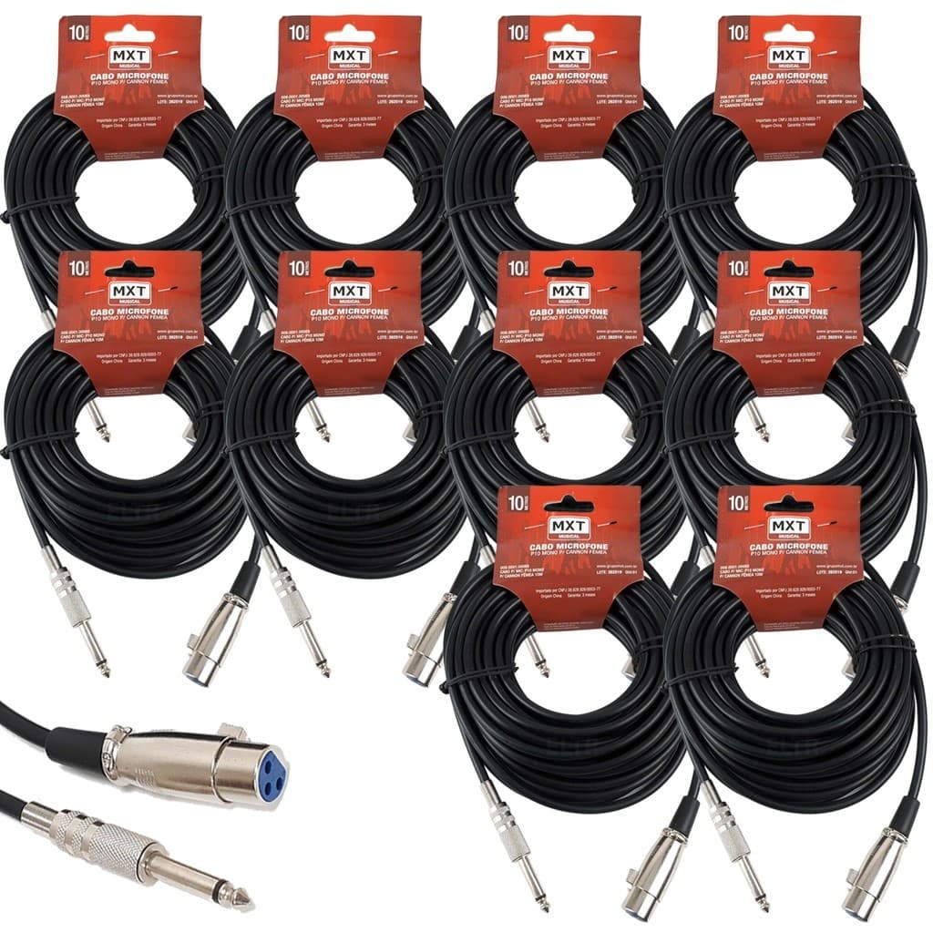 Kit 10 Cabo Microfone Xlr Canon P10 Mono Violão 10m Metros