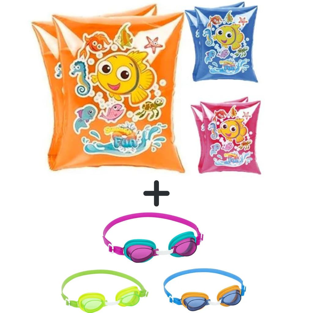 Kit Boia de Braço + Óculos de Natação Infantil Boia Inflável Flutuante de Piscina Menino Menina