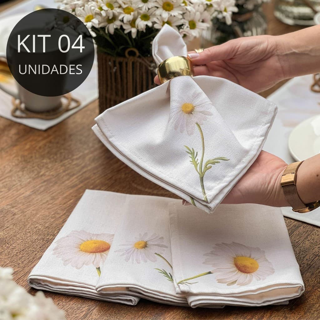 Kit 4 Guardanapos de Tecido para Mesa Posta – Coleção Margaridas