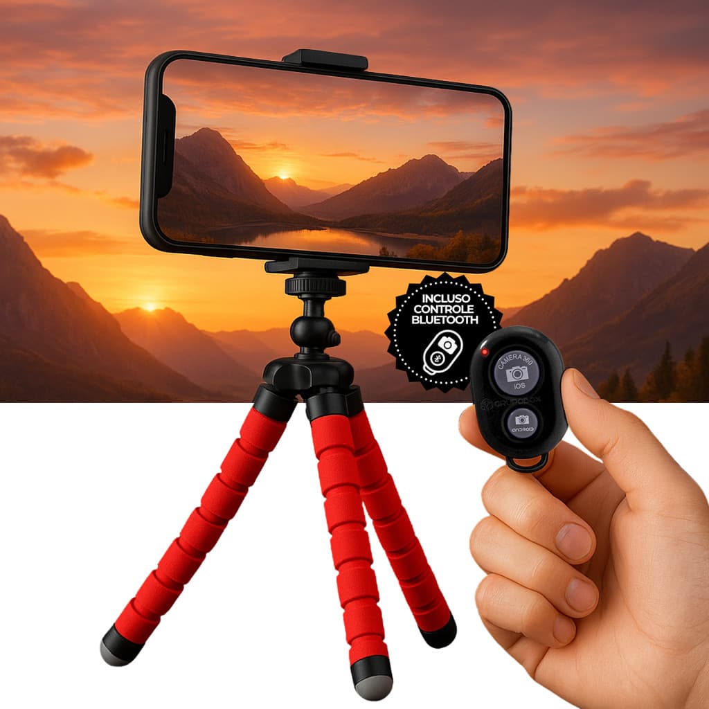 Mini Tripé Flexível com Controle Bluetooth para Celular Foto Vídeo Lives Viagem Praticidade