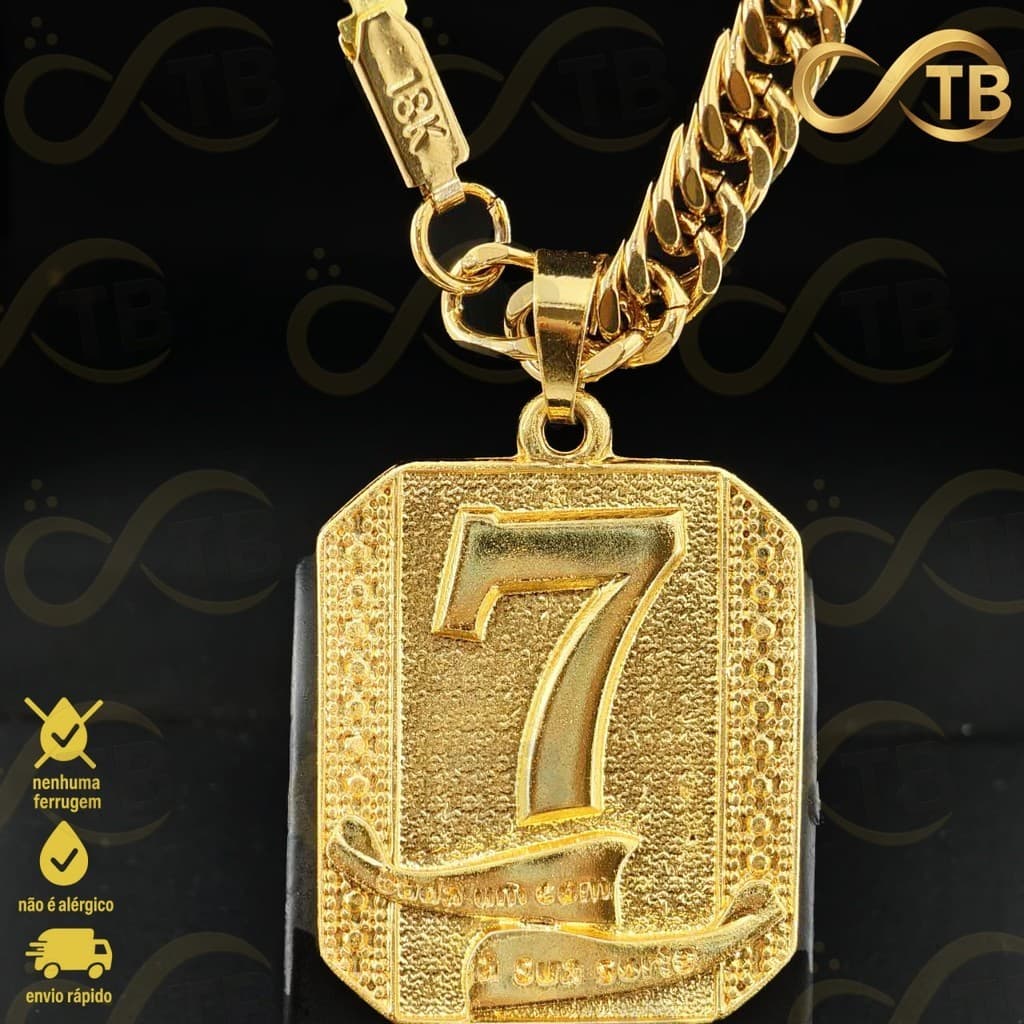 TB Brinquedos Moda Cordão de Moeda Antiga Unissex com Pingente Sorte 7 - Corrente Cadeado Ouro 18K