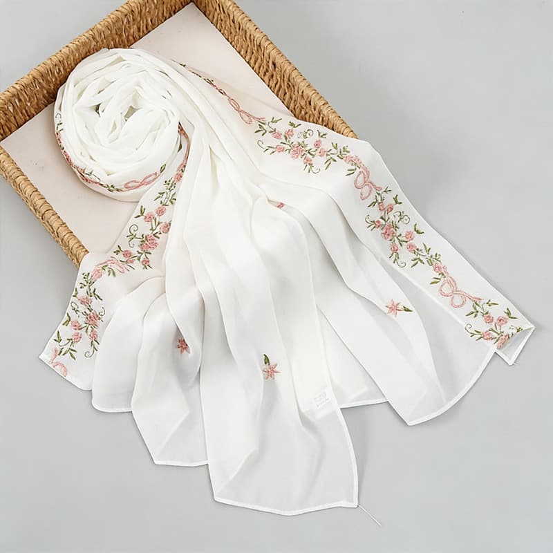 Lenço de cabeça bordado em chiffon, lenço longo estilo malaio, lenço versátil de estilo étnico, lenço de cabeça respir