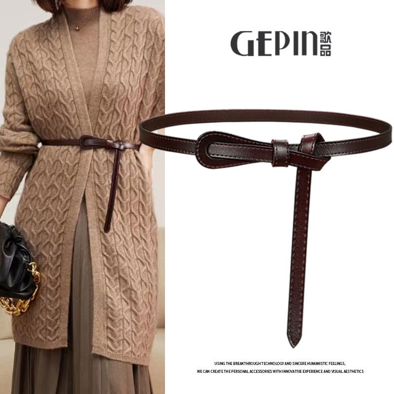 Cinto fino feminino couro genuíno ins moda decoração casaco camisola combinando terno vestido cintura estreita pequeno c