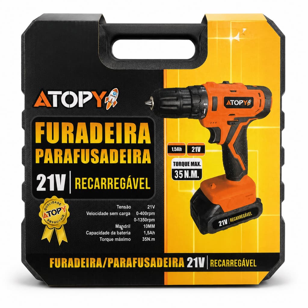 Parafusadeira Furadeira 21V 2 Baterias Atopy