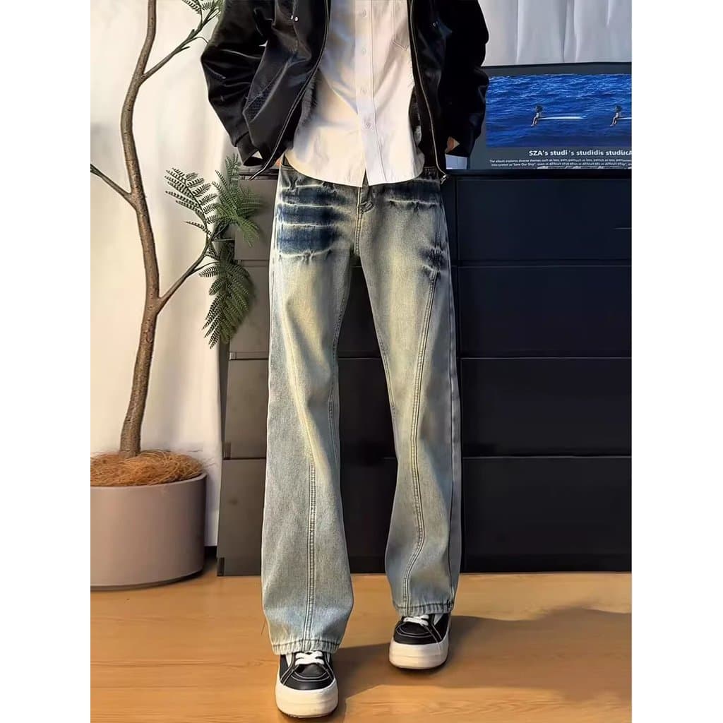 Americano High street Retro lavado angustiado costura rufião bonito Jeans masculino solto em linha reta perna larga stre