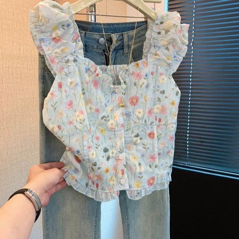 Camisa De Gola Quadrada Com Babados , Chique Fre Sabor De Chá Manga Curta Floral Francesa Para Mulheres Txt061501txt Txt