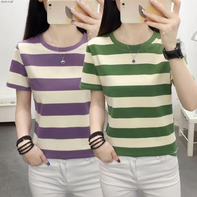 Camiseta novo estilo vitalidade All-Match verão camiseta 9.92024 senhoras de manga curta ano listrado topo solto tamanho