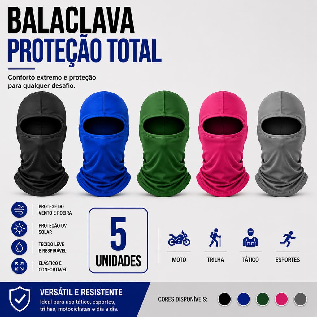 Kit Com 05 Unidades Máscara Balaclava touca Ninja Moto Proteção UV Térmica Leve Respirável Esportiva