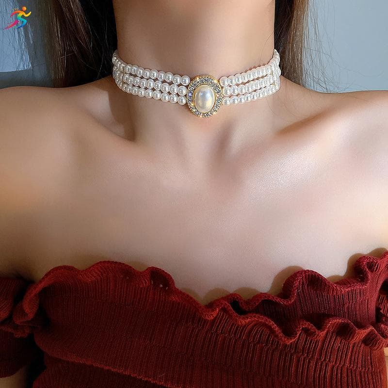 AOR Francês Retro Pequena Fragrância De Três Camadas Pérola Nelace Flash Diamante Vestido De Casamento Clavícula Corrent