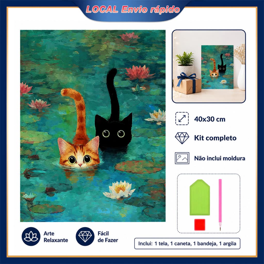 Pintura de Diamante 5D O gato na flor de lótus 40x30cm Broca Quadrada – para adultos e crianças, decoração interiores