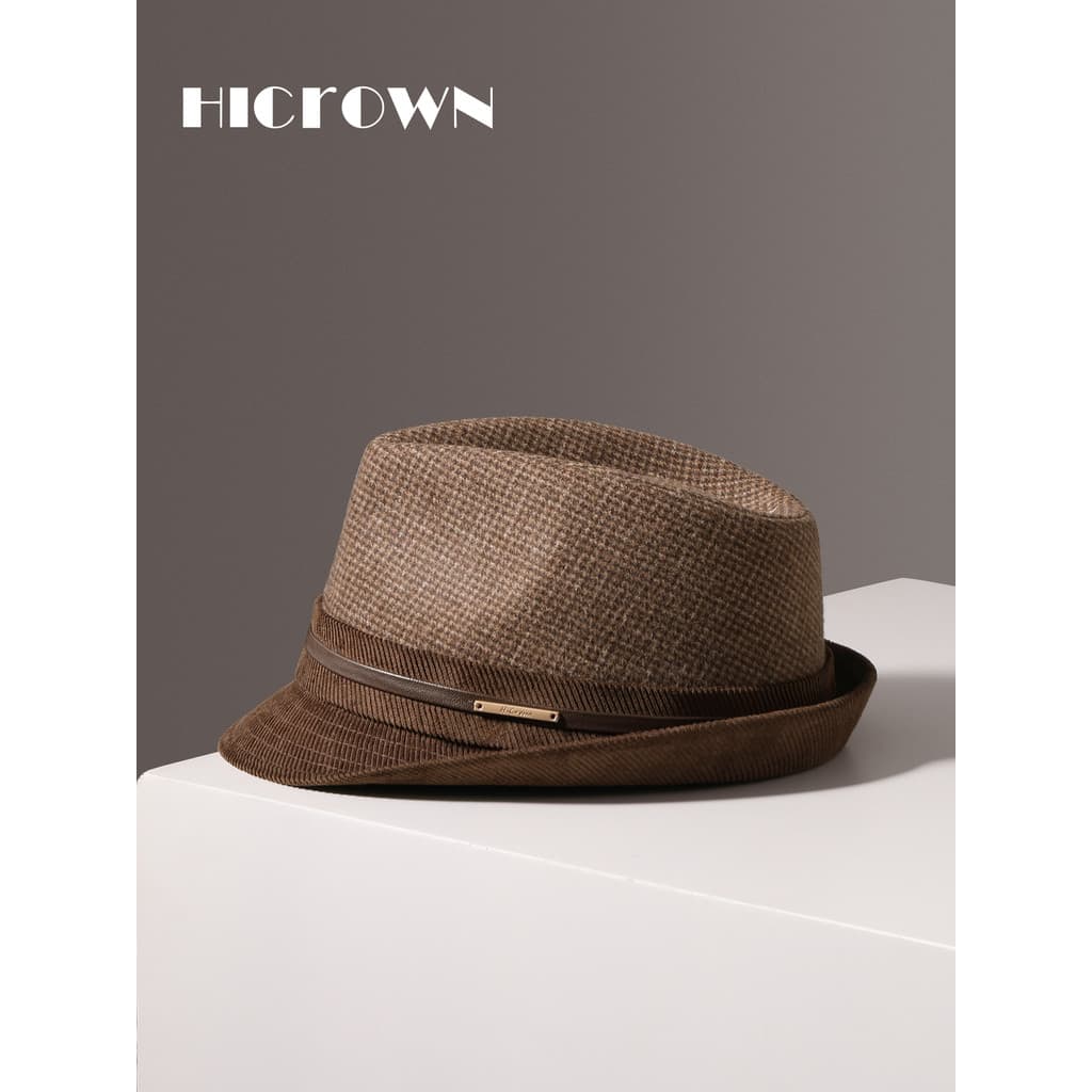 Outono inverno novo estilo masculino de lã Retro xadrez costura chapéu superior Casual britânico grande circunferência d