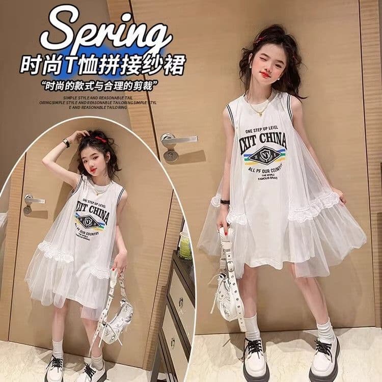 Meninas vestido de verão versão coreana médio grande crianças estilo ocidental costura gaze camiseta vestido crianças in