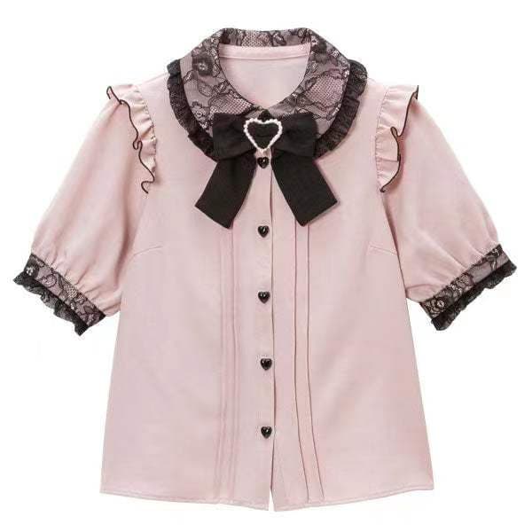 Jirai-kei Lolita Japonês Top Lace Pearl Camisa De Manga Curta Com Laço