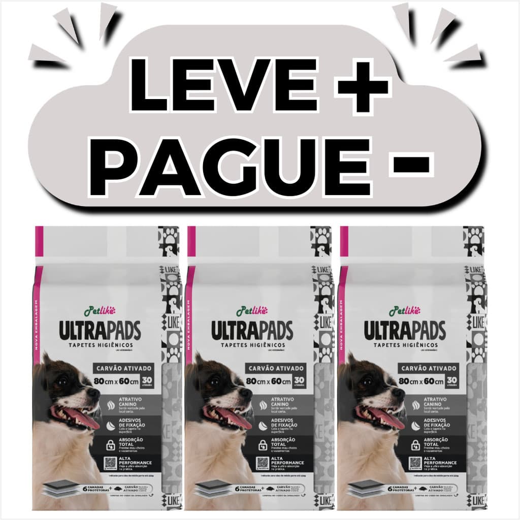 Kit 3 Pacotes Tapetes Higiênicos UltraPads Carvão Ativado Para Cães Petlike 80x60cm Com  90 Tapetes