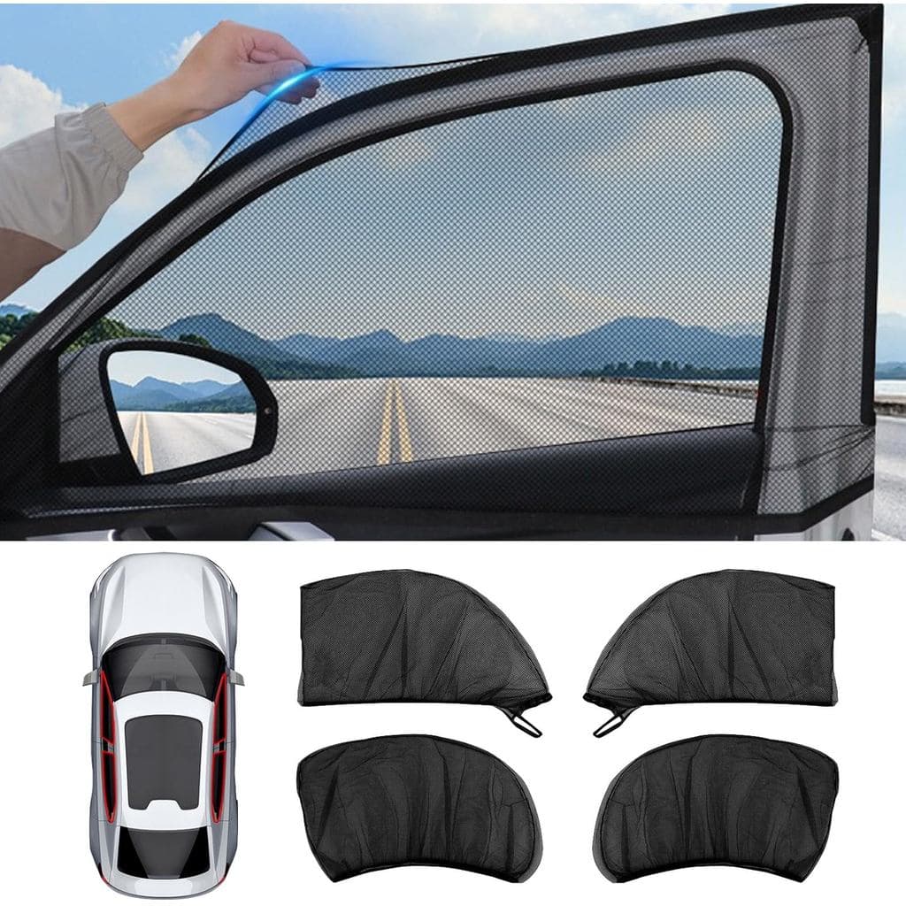 Conjunto de 4 Protetores de Janela para Carro com Tela Anti-Insetos, Bloqueio de UV e Malha Respirável, Ajuste Universal