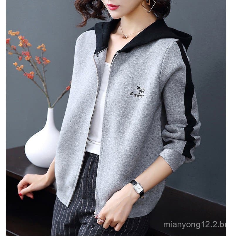 Outono inverno novo estilo versão coreana feminino tamanho grande com capuz curto Cardigan moletom feminino estudantes f