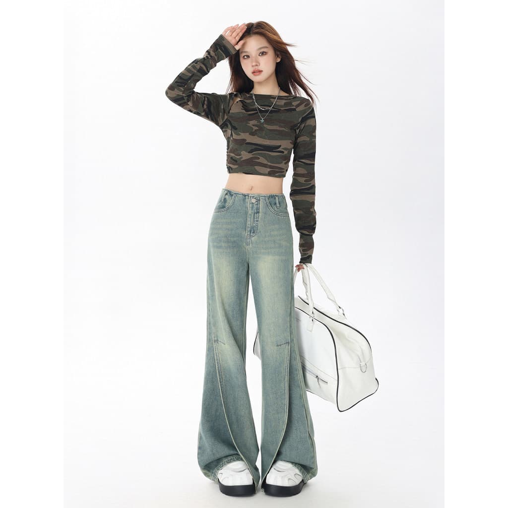 Vfvk cor clara Retro Split solto queimado Jeans feminino 2026 verão novo estilo Design Drape calças ligeiramente alargad