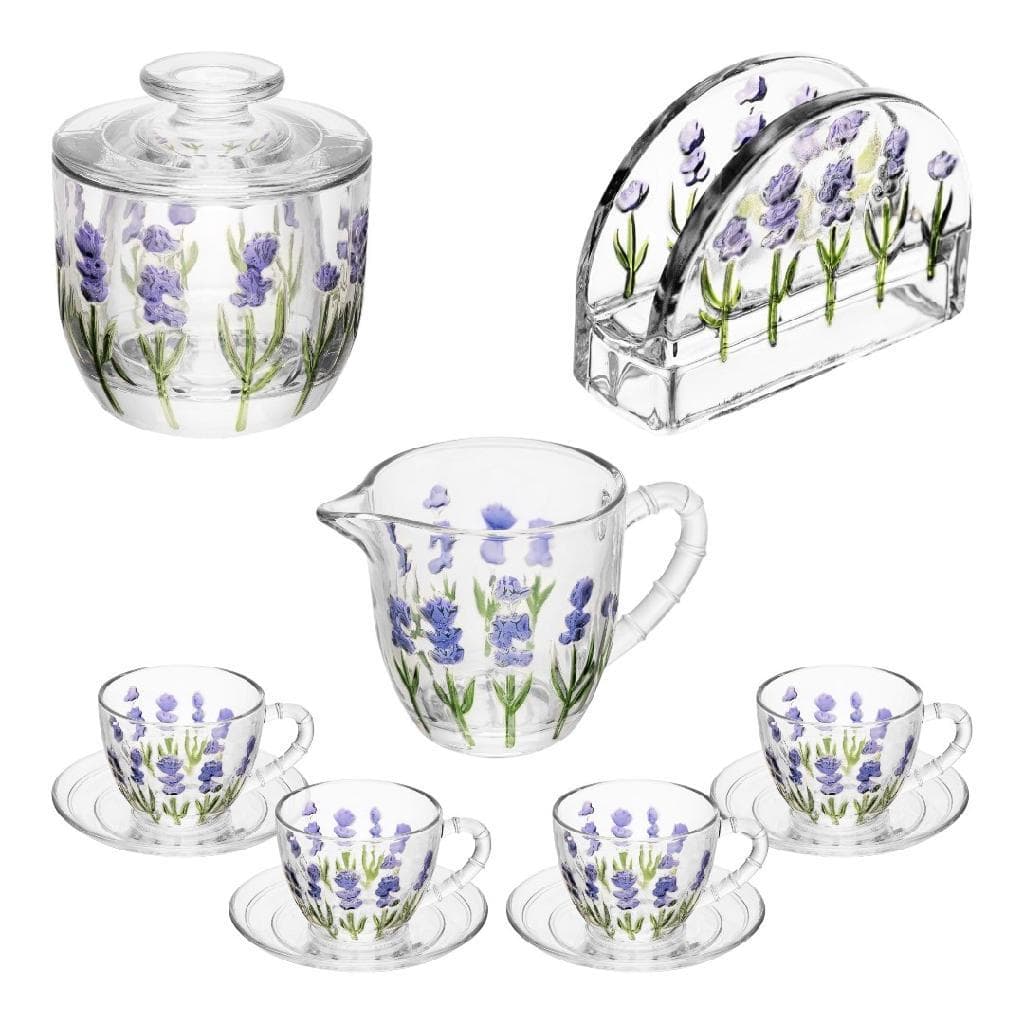 Kit Mesa Posta Café Da Tarde Cristal Lavanda 7 Peças Manteigueira 4 Xícaras Leiteira