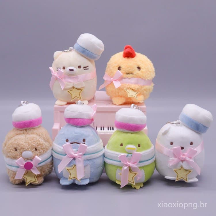 Novo e fofo chaveiro de pelúcia com fita de aniversário Sumikko Gurashi, com camarão, gato amarelo, urso branco e pingui