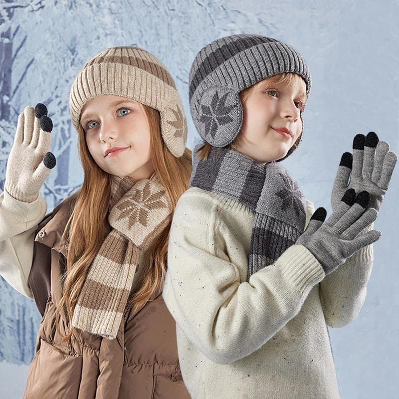 3 Pçs Crianças Chapéu De Inverno Cachecol Luvas Conjunto Forro De Pelúcia Gorro Chapéus Com Earflap Malha Criança Pescoç