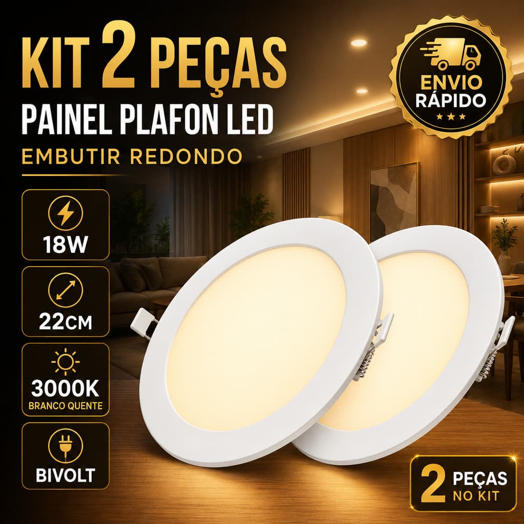 Kit 2 Painel Plafon Led Embutir 18W Redondo 22cm Branco Quente 3000k Luminária Teto Gesso Sala