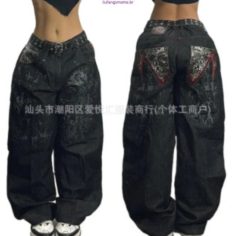 Y2K Impressão Americana Lavada Velha Casual Jeans Punk Moda Vintage Hip Hop Cintura Alta Calças Largas