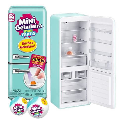 Mini Geladeira Surpresa com 2 Bolas Surpresa Mini Itens Colecionáveis Brinquedo Infantil Azul