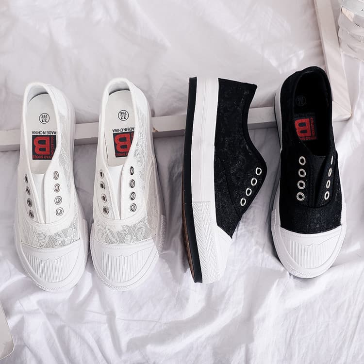 Feiyao sapatos de lona de renda de malha de primavera com sola grossa, sapatos brancos respiráveis, versão coreana, sapa