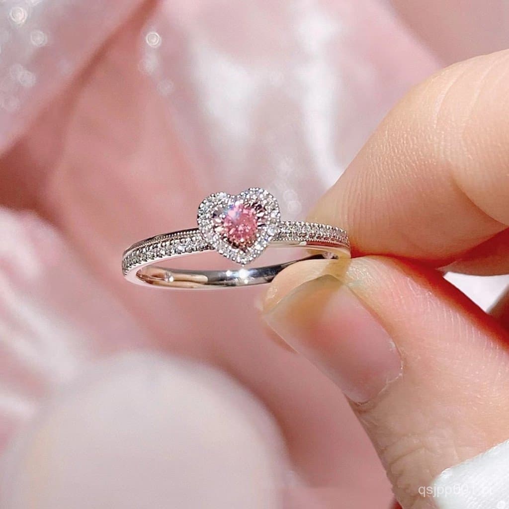 Anel Coração Cor De Rosa Diamante Moda Para Mulheres Acessório De Jóias De Abertura Ajustável Brilhante