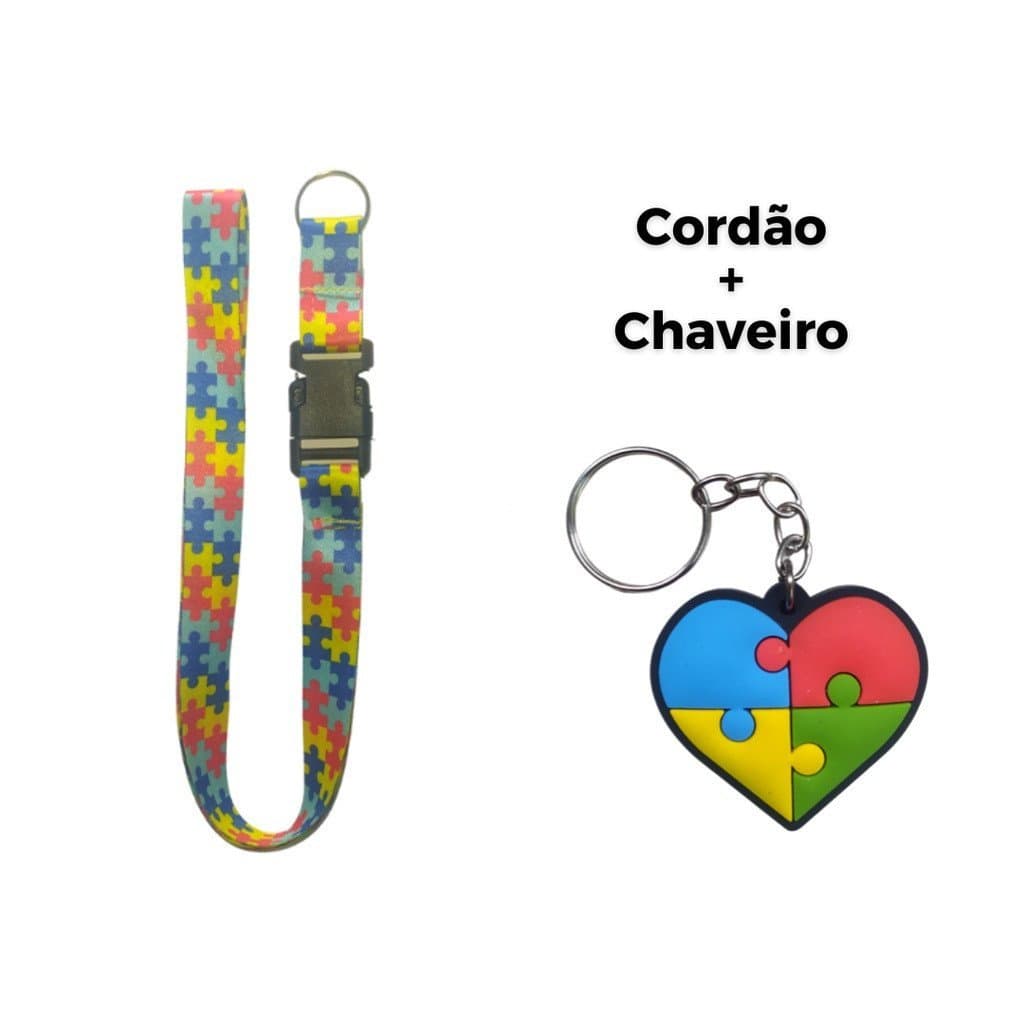 Kit Chaveiro Cordão Moto Pescoço Fecho Engate Rápido Crachá Autista/TEA Quebra Cabeça Vermelho + Chaveiro Emborrachado S