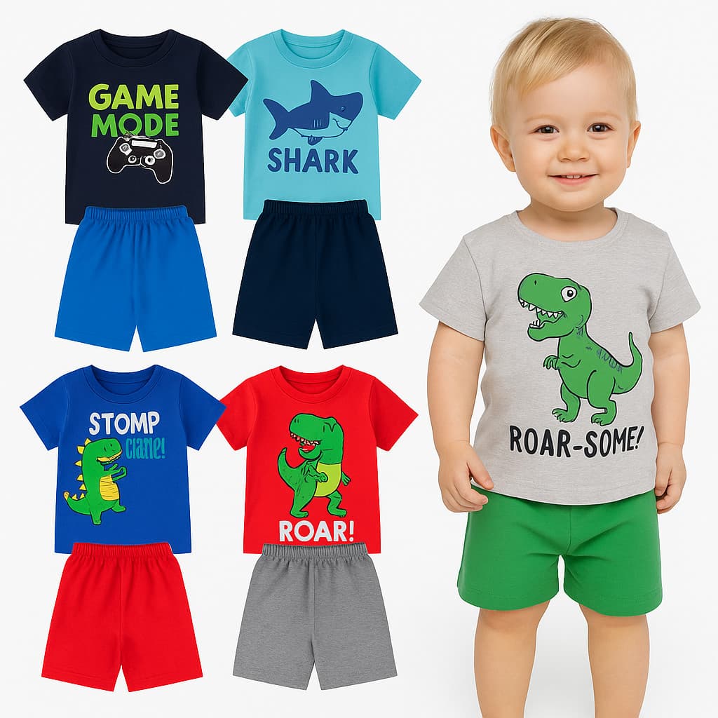 Kit Sortido 4 Peças de Roupas Infantil Menino - Kit 2 Camisetas + 2 Bermudas -2 Conjuntos de Roupa Infantil Menino Verão
