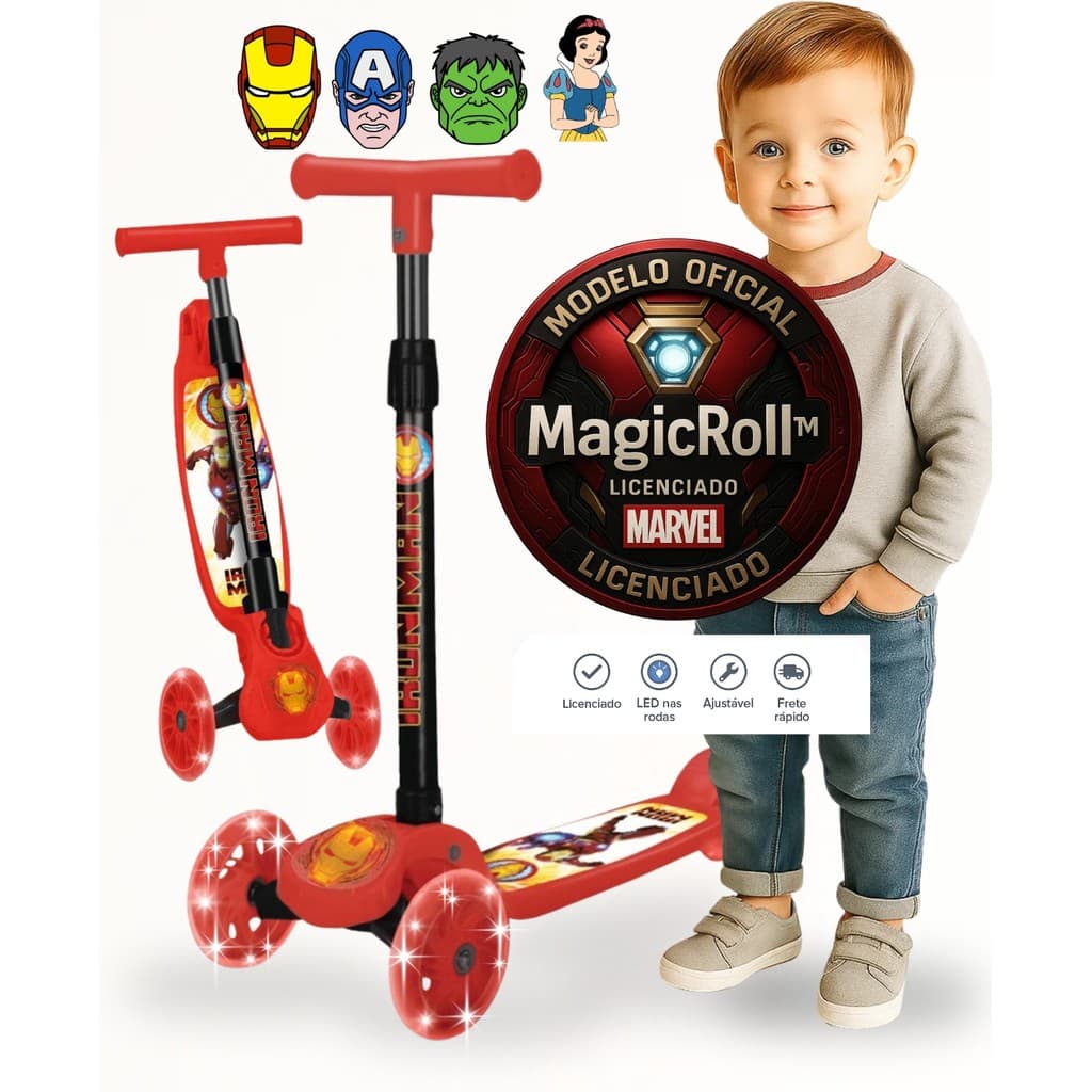 Patinete Infantil 3 Rodas Marvel Avengers LED, Altura Ajustável, 3+ Homem de Ferro