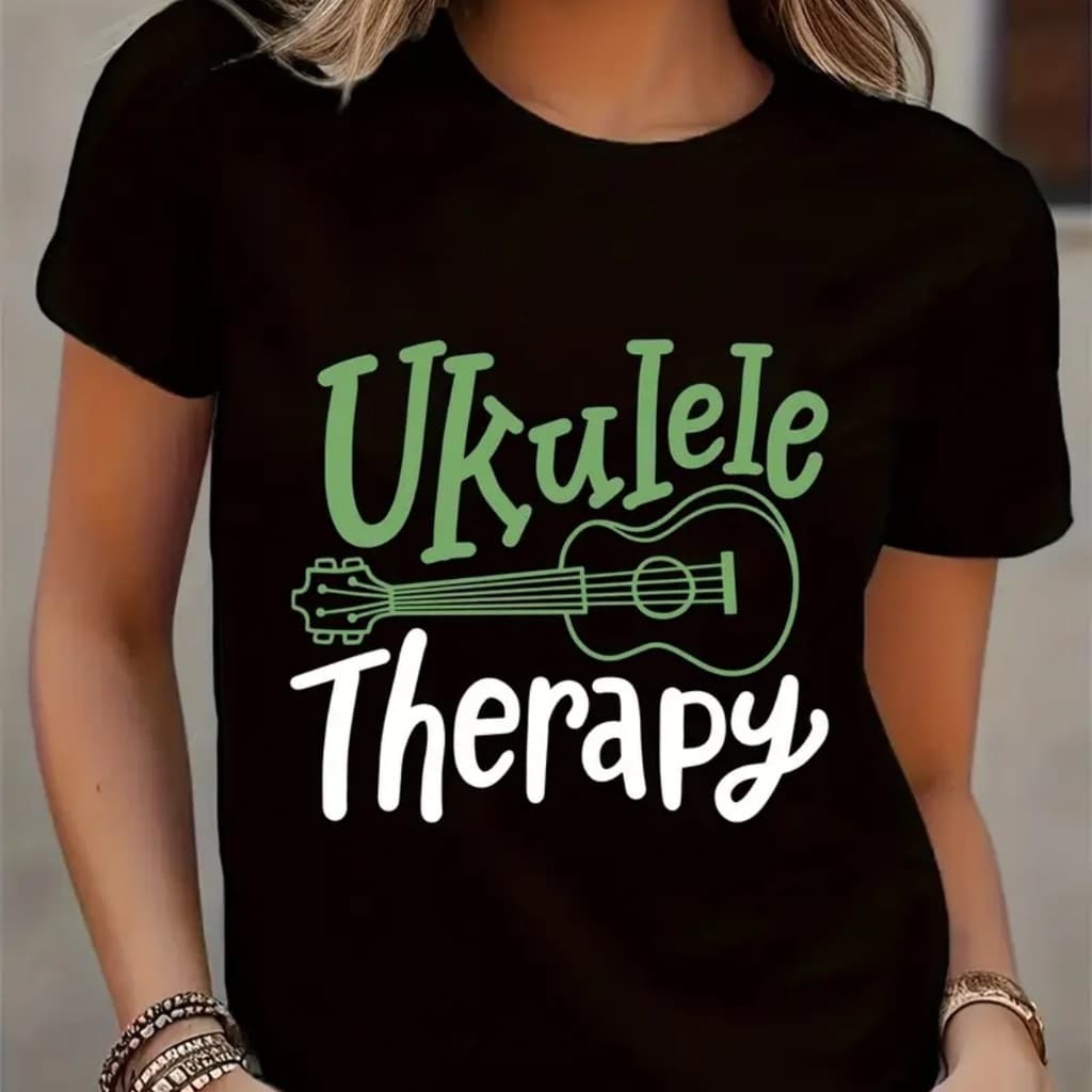 T-shirt gráfica de ukulele para mulher - Decote redondo casual, manga curta, mistura de poliéster respirável,