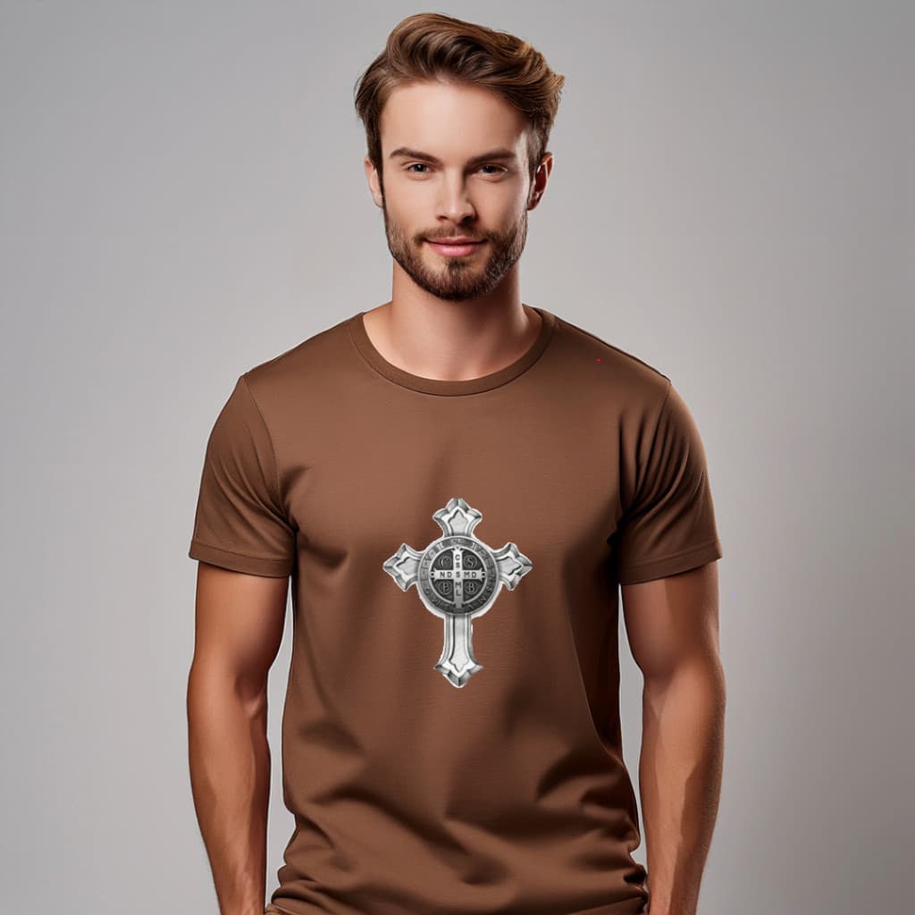 Camiseta camisa básica  100% algodão cruz sagrada São Bento estampada