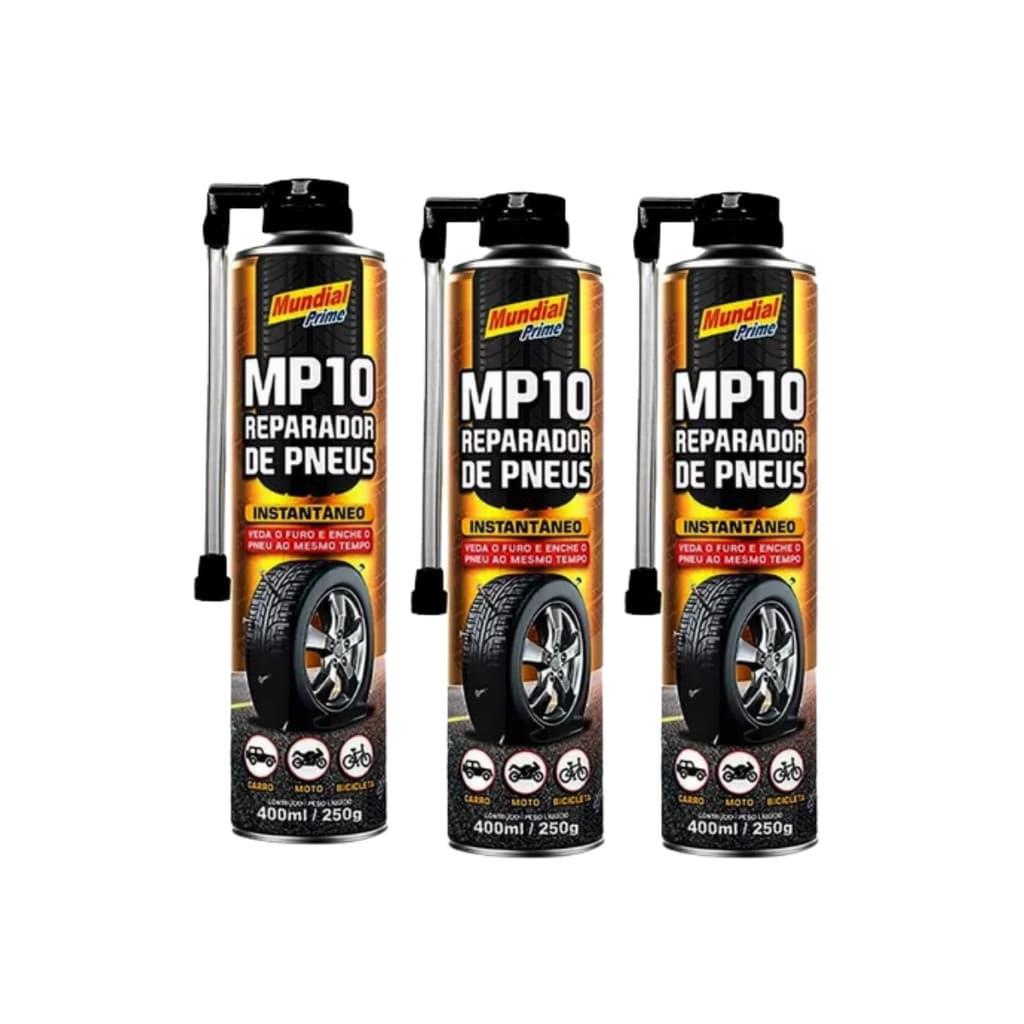 Kit 3 Reparador de Pneus Veda Furos Carro, Moto e Bicicleta 400ml - Mundial Prime