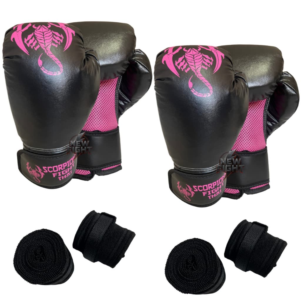 Dois Pares de Luvas Muay Thai Boxe  Kickboxing Treino Sparring Thai e Dois Pares de Bandagens 3 metros