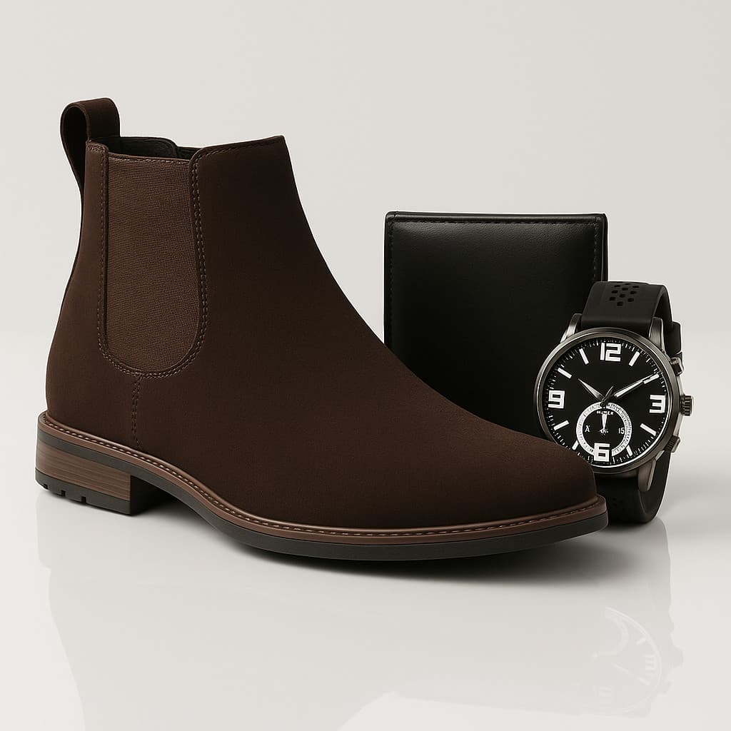 Botina Chelsea Bota Masculina Classica Couro Camurça Legitimo Agro Top Conforto Kit Relógio Masculino