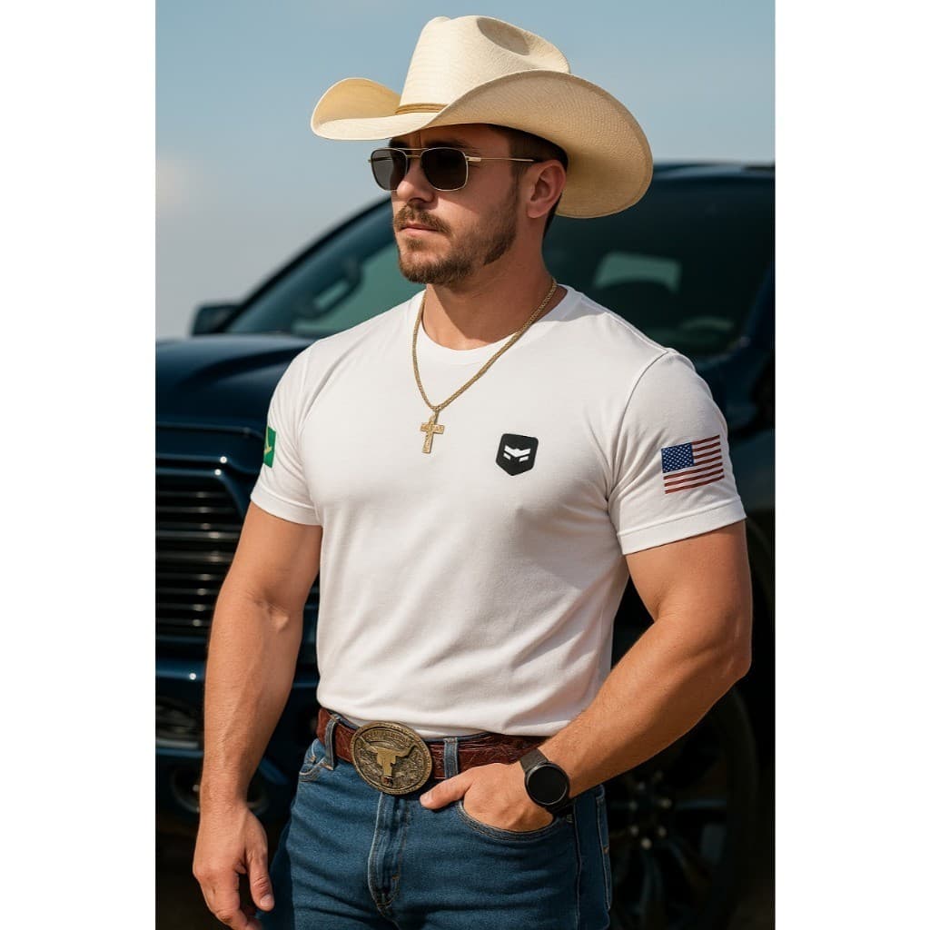 Camiseta Masculina Country Cowboy Algodão Bandeira Brasil Rincon Premium Estampa Casual Conforto