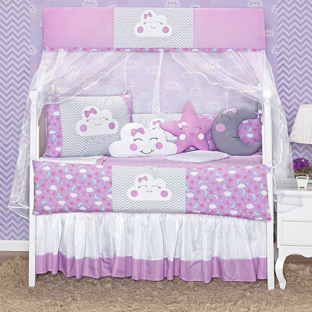 Kit Berço Lua 12 Peças Completo Com Saia 2 Laterais Enxoval Bebê Quarto Infantil Mosquiteiro Protetor Conforto