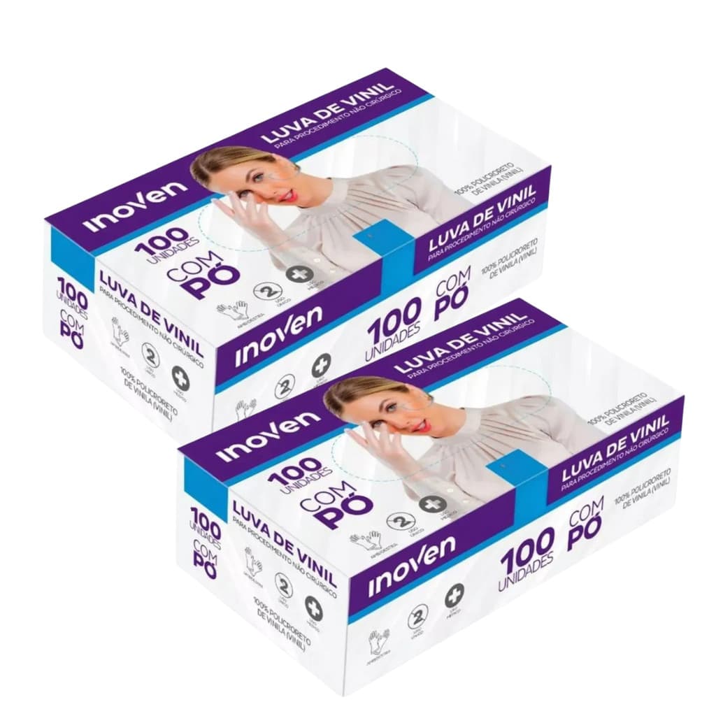 Luva Procedimento Vinil com Pó Inoven Transparente 100un - Kit 2 Caixas (200un) para Alimentos Limpeza Estética Manicure