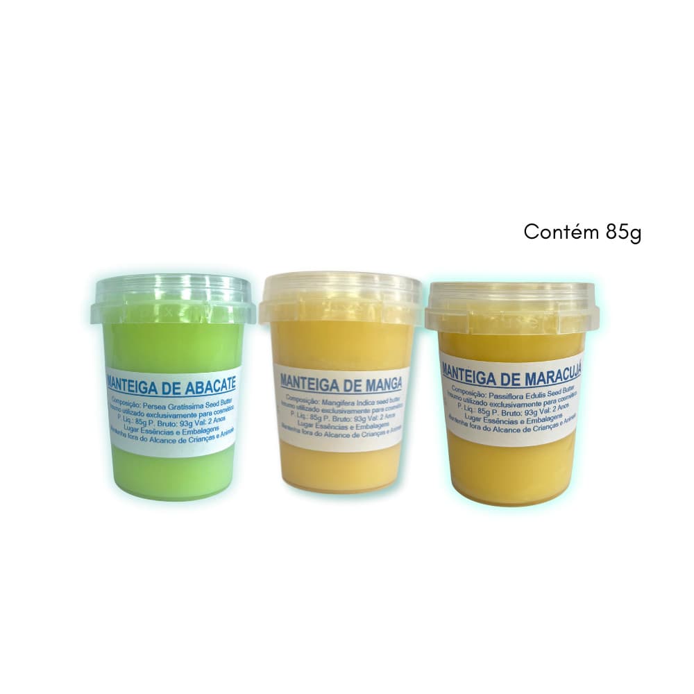 Kit 03 Manteigas Vegetais 85g Abacate, Manga e Maracujá - Uso Cosmético