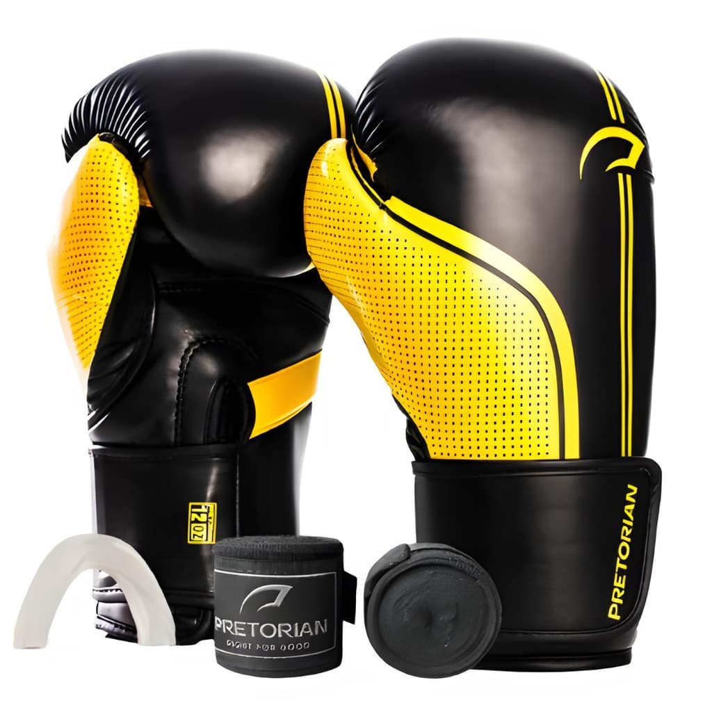 Kit Luva de Muay Thai  e Boxe First FX1 + 1 Par de Bandagens + 1 Protetor Bucal - Pretorian