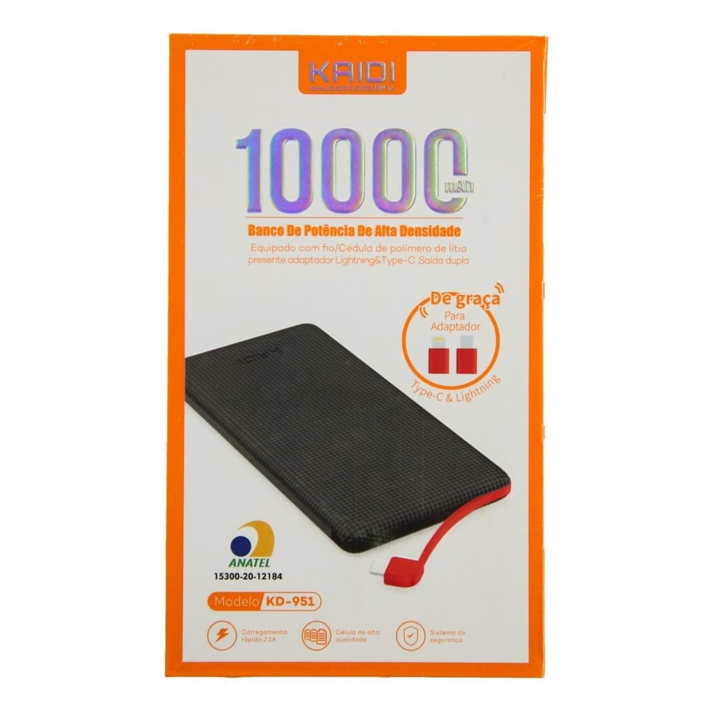 Power Bank Bateria Externa 10.000mah Kaidi Kd-951 Universal Cor Preto