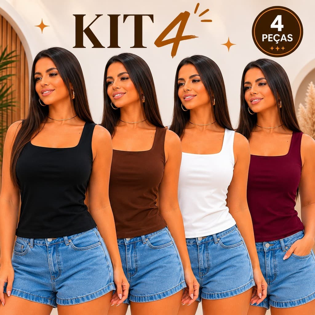 Kit 4 Regatas Femininas Decote Quadrado Blusa Suplex Premium Sem Manga Blusinha Básica Casual Verão