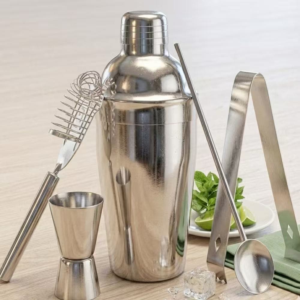 Barman Coqueteleira tipo Boston 5 Peças Inox Premium Dosador  e Colher Bartender