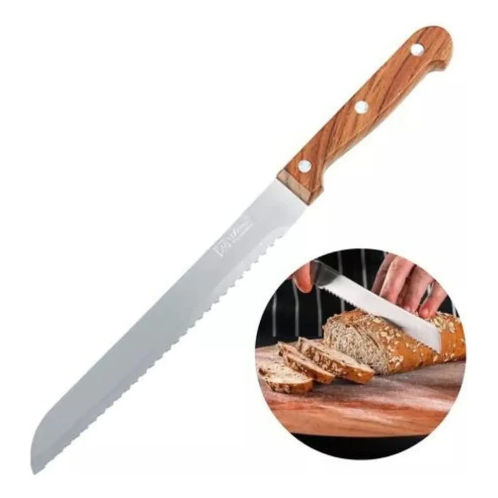 Faca para Pão e Bolo Serrilhada Aço Inox Cabo Madeira 32,5cm
