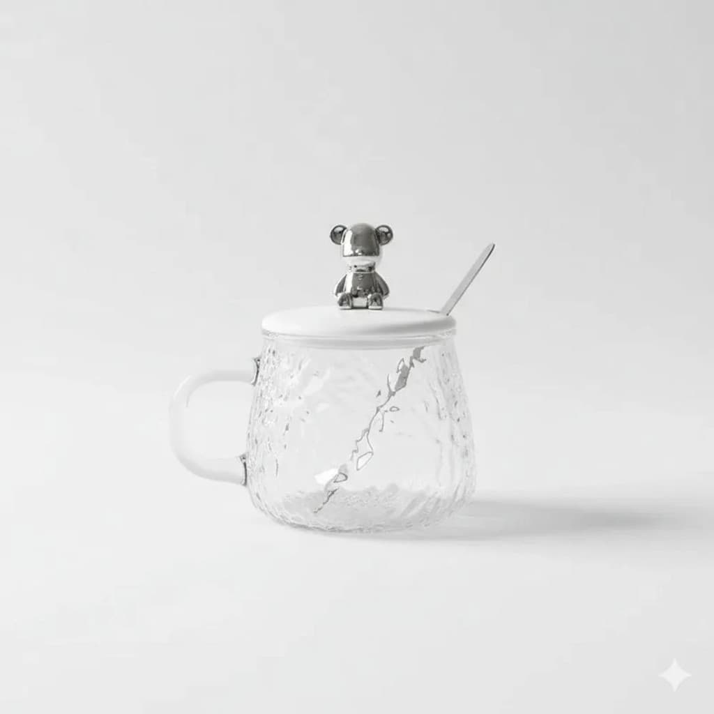 Caneca de Vidro Martelado com Tampa e Colher - Bear