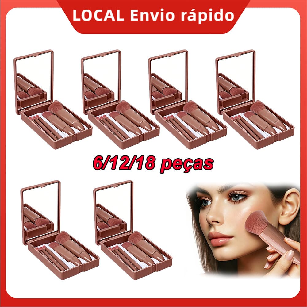 Kit 6/12/18 Marrom Mini Espelho de Maquiagem Portátil com 5 Pincéis – ideal para iniciantes, pó compacto