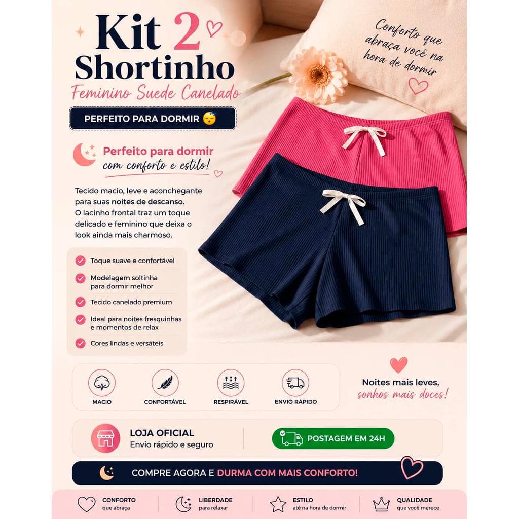 Kit 2 Shortinho Feminino Adulto Suede Canelado Confortável Com Lacinho Frontal para dormir